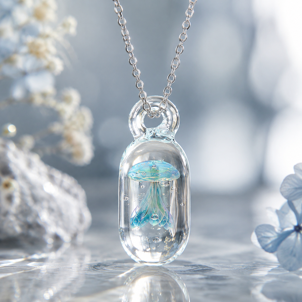 Handmade Lampwork Glass, Jellyfish Capsules,  Necklace/Pendant, 925 Sterling Silver, Ocean Jewelry, Unique Gift