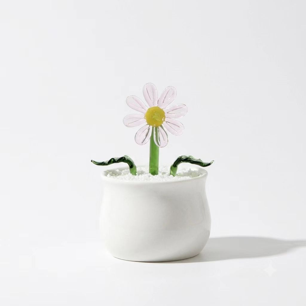 Handcrafted Glass Daisy Bouquet in Pot – Eternal Floral Desk Decor