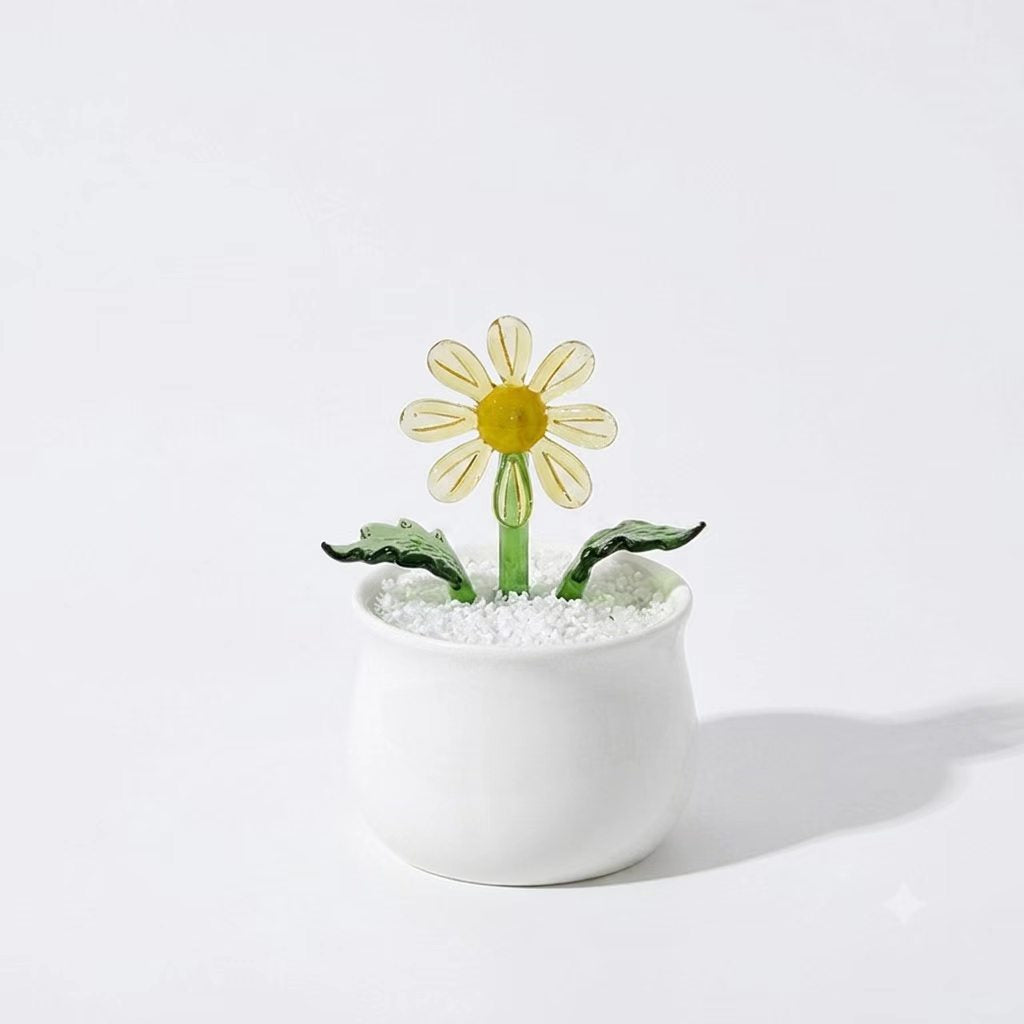 Handcrafted Glass Daisy Bouquet in Pot – Eternal Floral Desk Decor