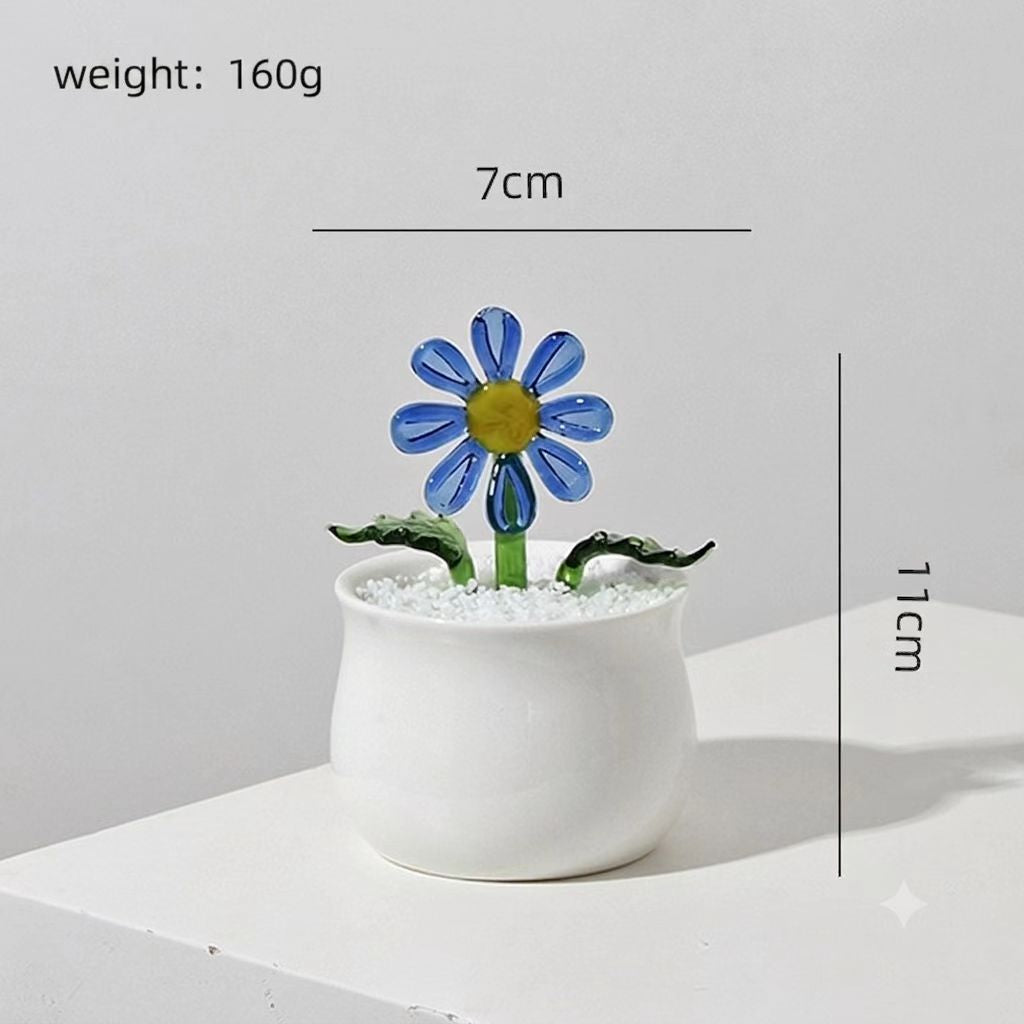 Handcrafted Glass Daisy Bouquet in Pot – Eternal Floral Desk Decor