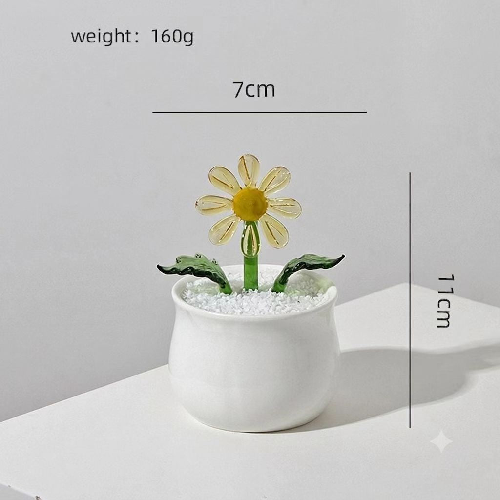 Handcrafted Glass Daisy Bouquet in Pot – Eternal Floral Desk Decor
