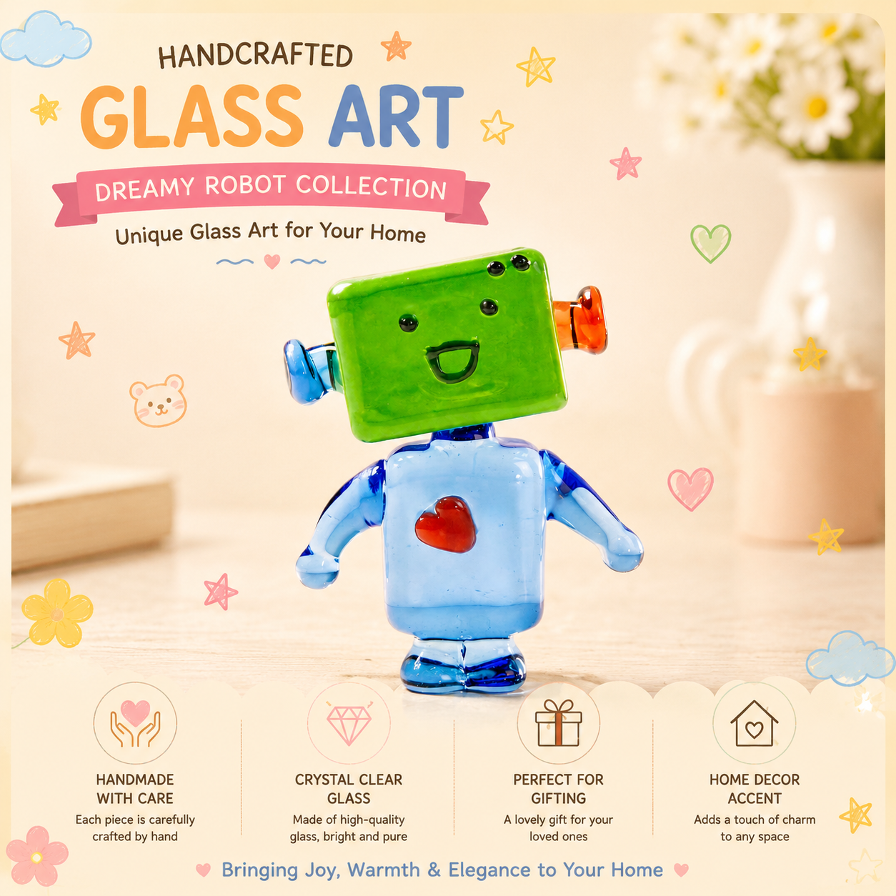 Liuli Robot Figurine Handmade Glass Art Sculpture for Desk Decor