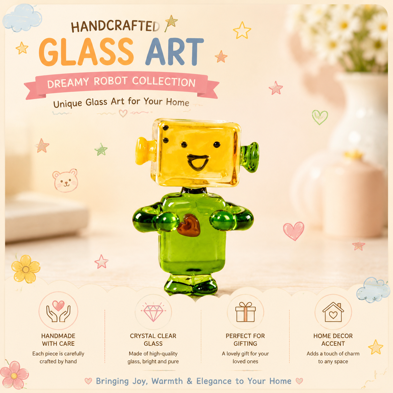 Liuli Robot Figurine Handmade Glass Art Sculpture for Desk Decor