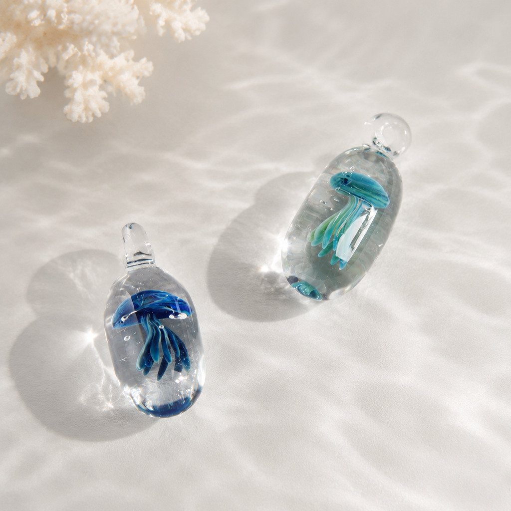 Handmade Lampwork Glass, Jellyfish Capsules,  Necklace/Pendant, 925 Sterling Silver, Ocean Jewelry, Unique Gift