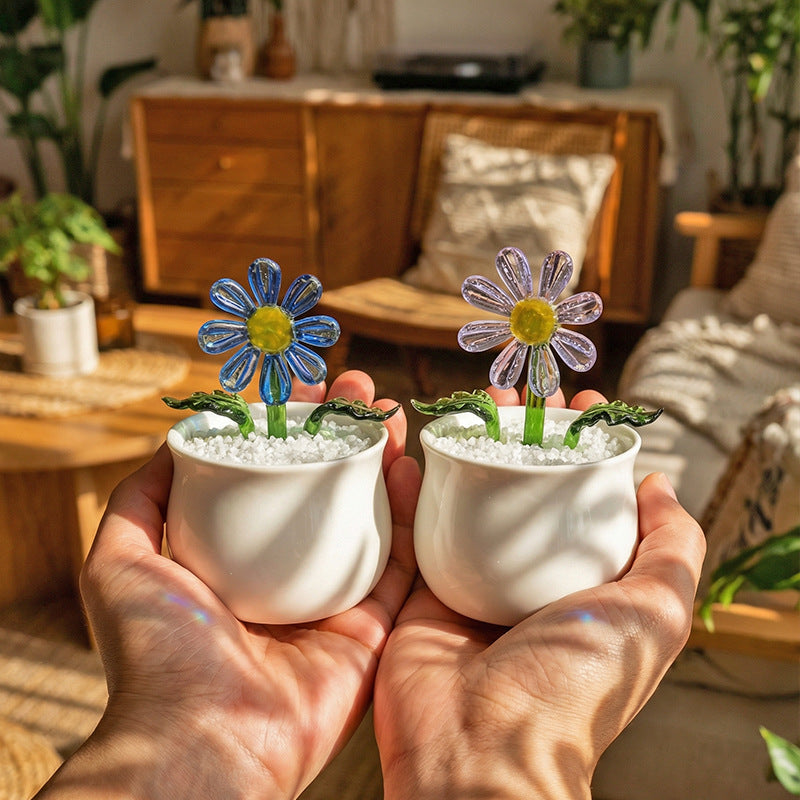 Handcrafted Glass Daisy Bouquet in Pot – Eternal Floral Desk Decor