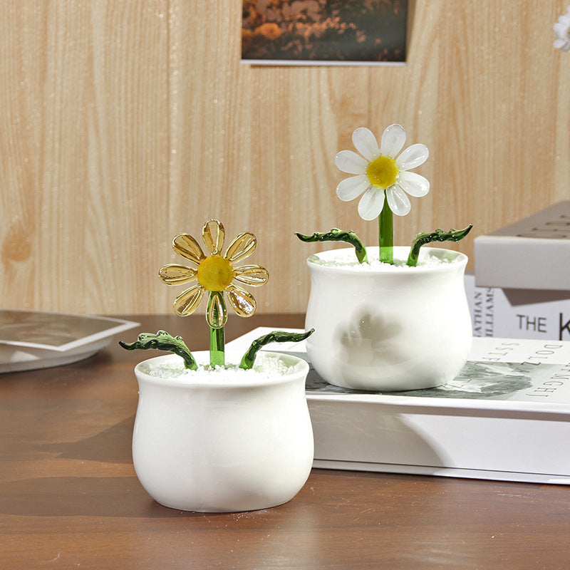 Handcrafted Glass Daisy Bouquet in Pot – Eternal Floral Desk Decor