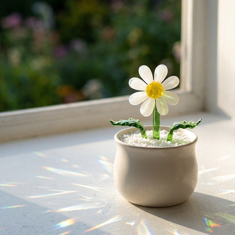 Handcrafted Glass Daisy Bouquet in Pot – Eternal Floral Desk Decor