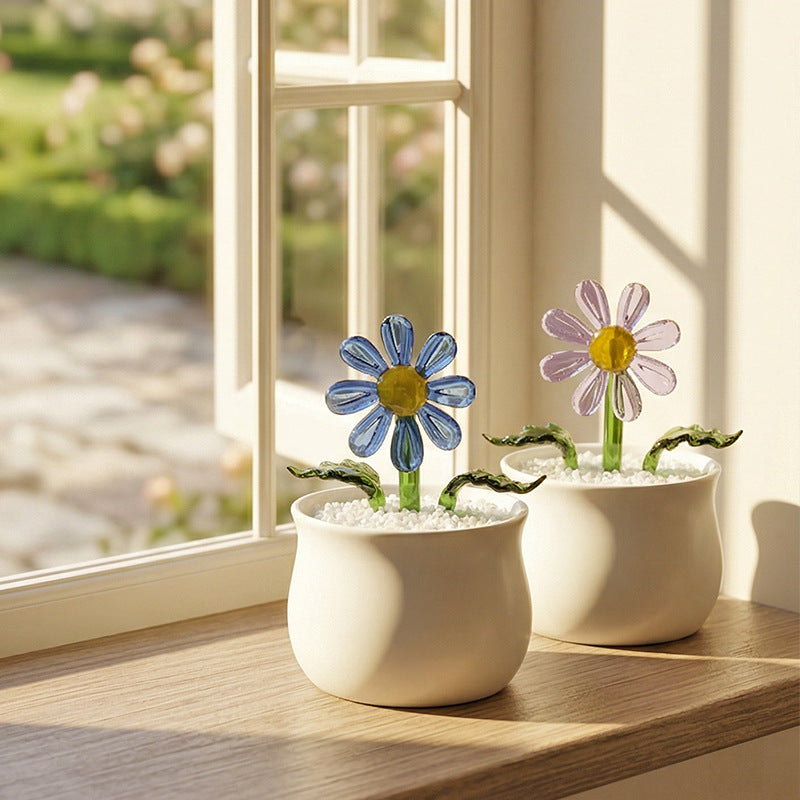 Handcrafted Glass Daisy Bouquet in Pot – Eternal Floral Desk Decor