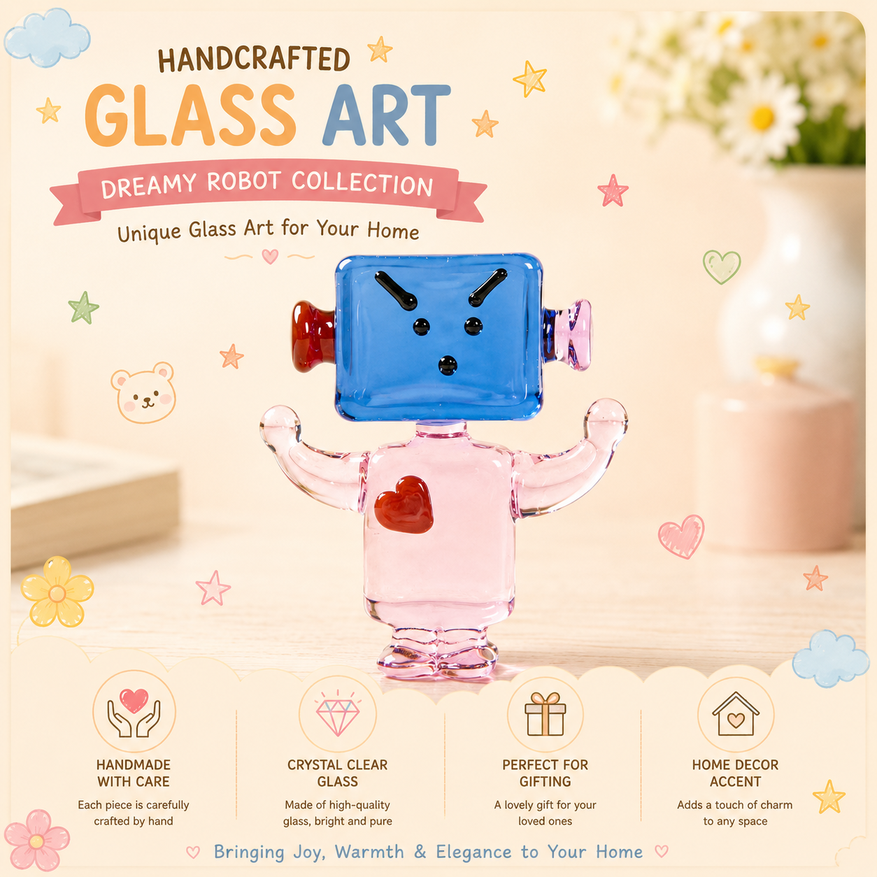 Liuli Robot Figurine Handmade Glass Art Sculpture for Desk Decor