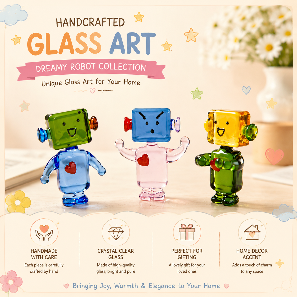 Liuli Robot Figurine Handmade Glass Art Sculpture for Desk Decor