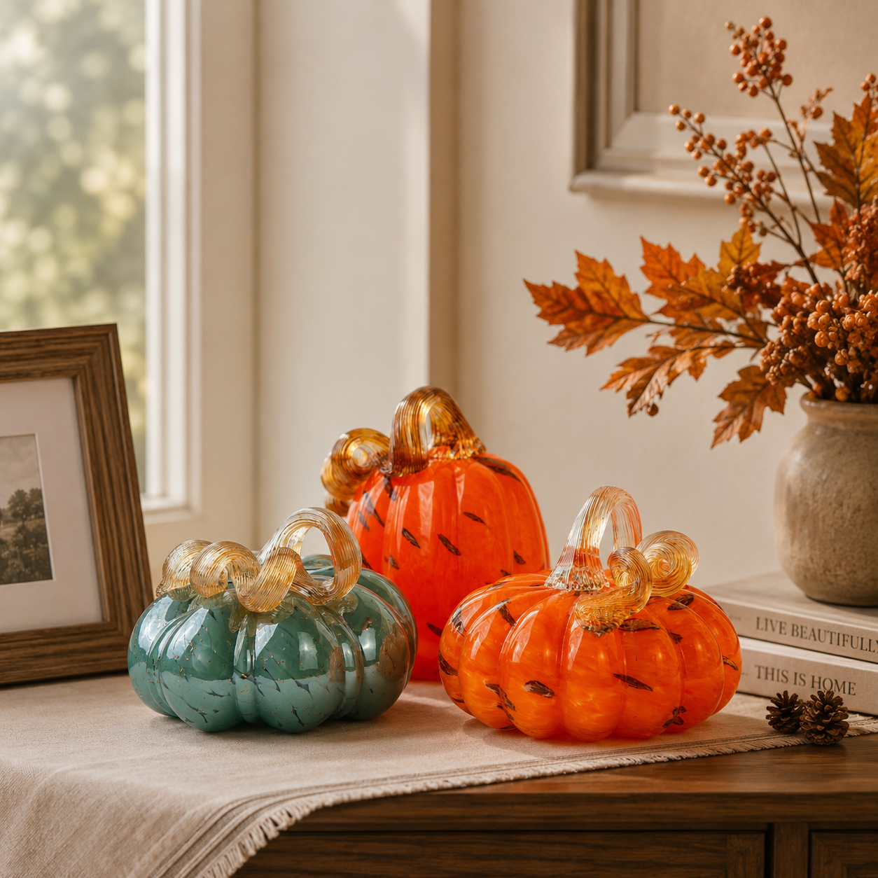 Glass pumpkin desk decor styled on luxury fall home office shelf