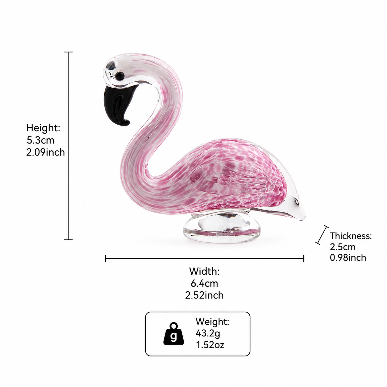 Lumia Art glass flamingo size chart tall pink red and compact pink dimensions