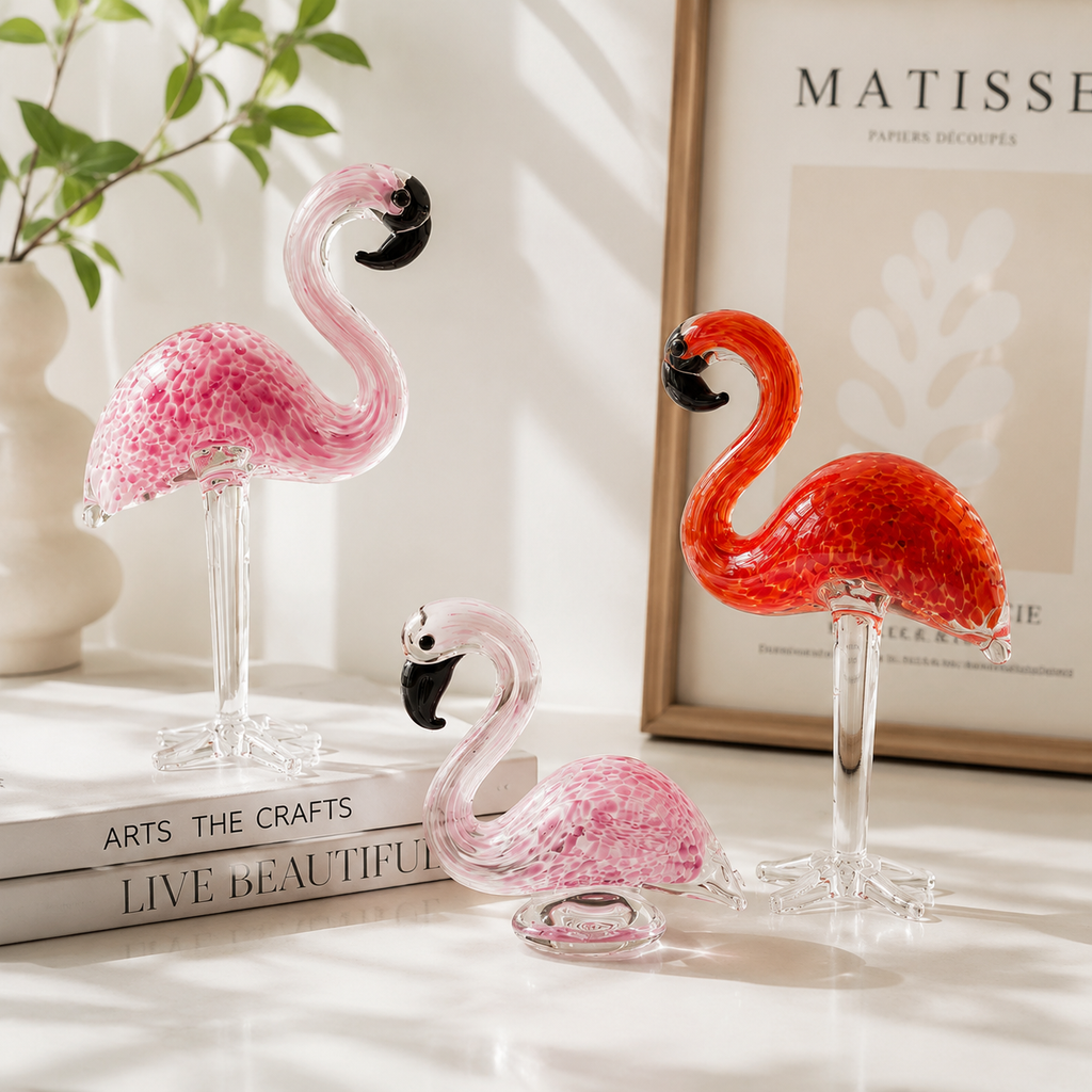 Pink and red glass flamingo desktop decor styled on luxury home shelf