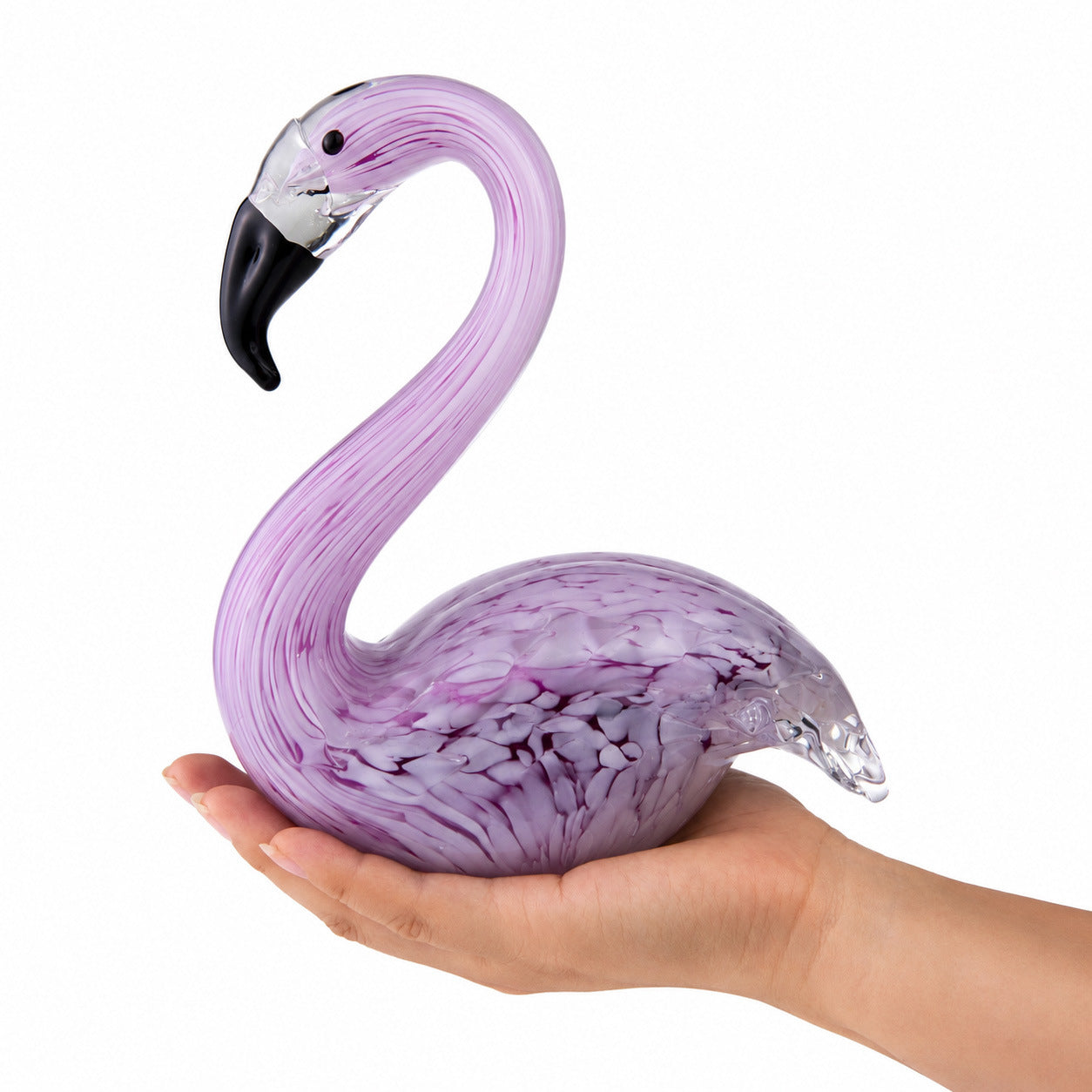 Lumia Art handmade purple glass flamingo decor on white background