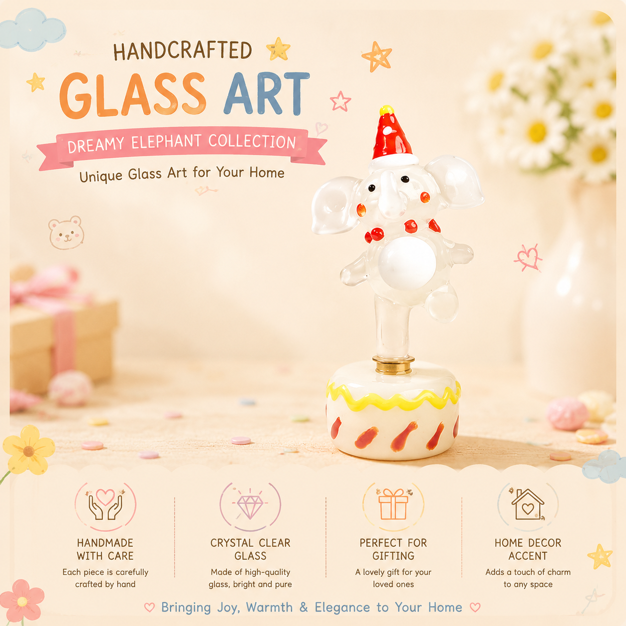 Cute Glass Elephant Figurine with Rotating Base | Creative Desk Gift for Home & Office